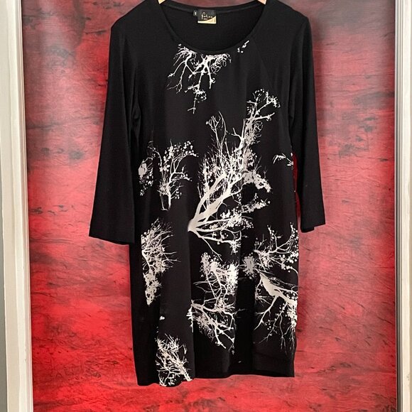 Foley tunic black viscose polyester stretch trees patterns 3/4 sleeves med - Picture 3 of 4
